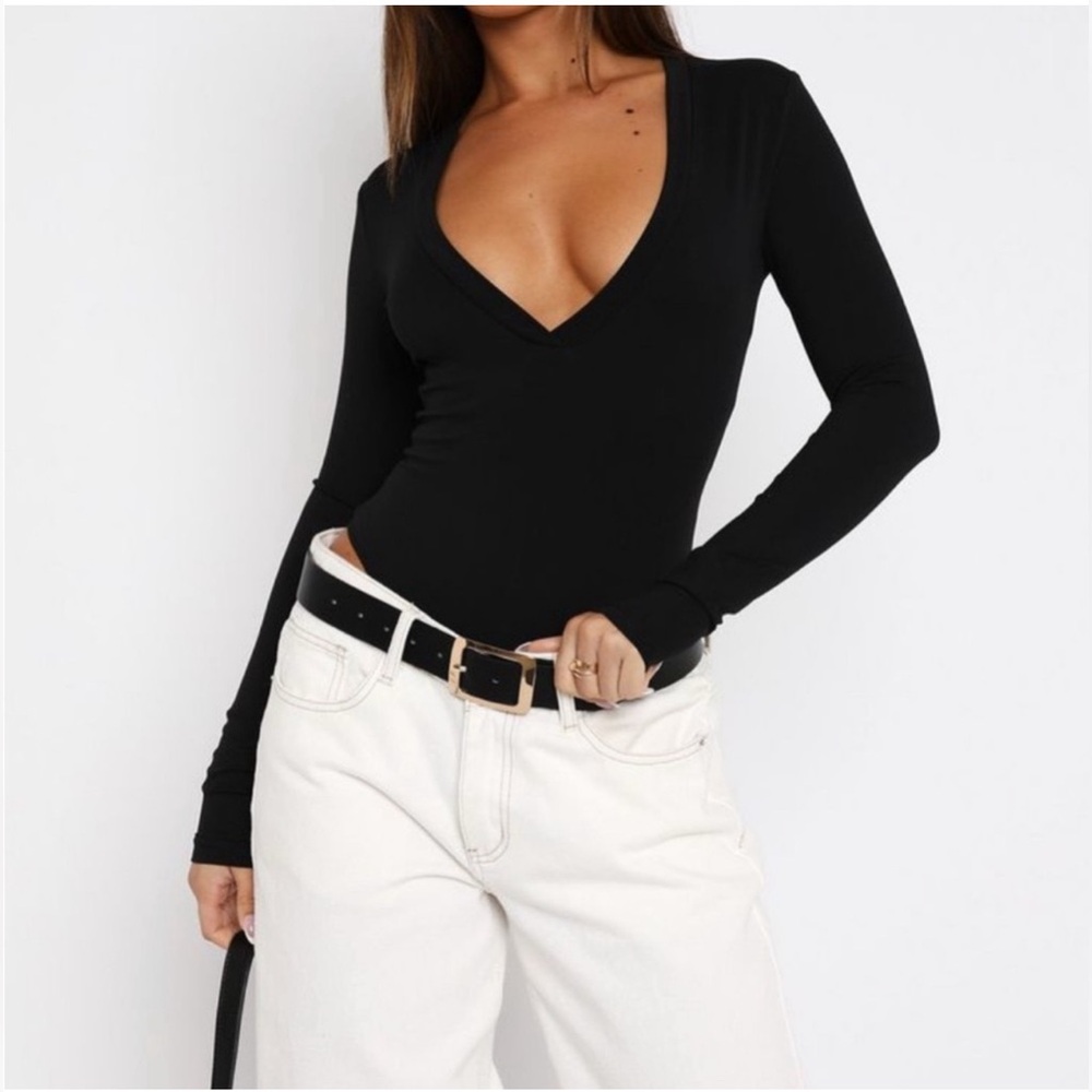 White Fox Boutique Black Deep V-Neck Bodysuit